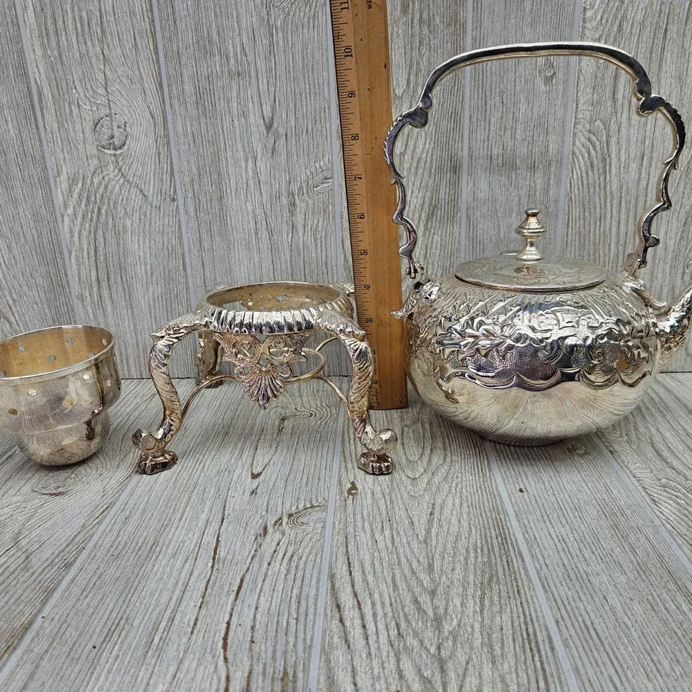 Vintage Silver Plated Ornate Repousse Teapot on Warming Stand Set
